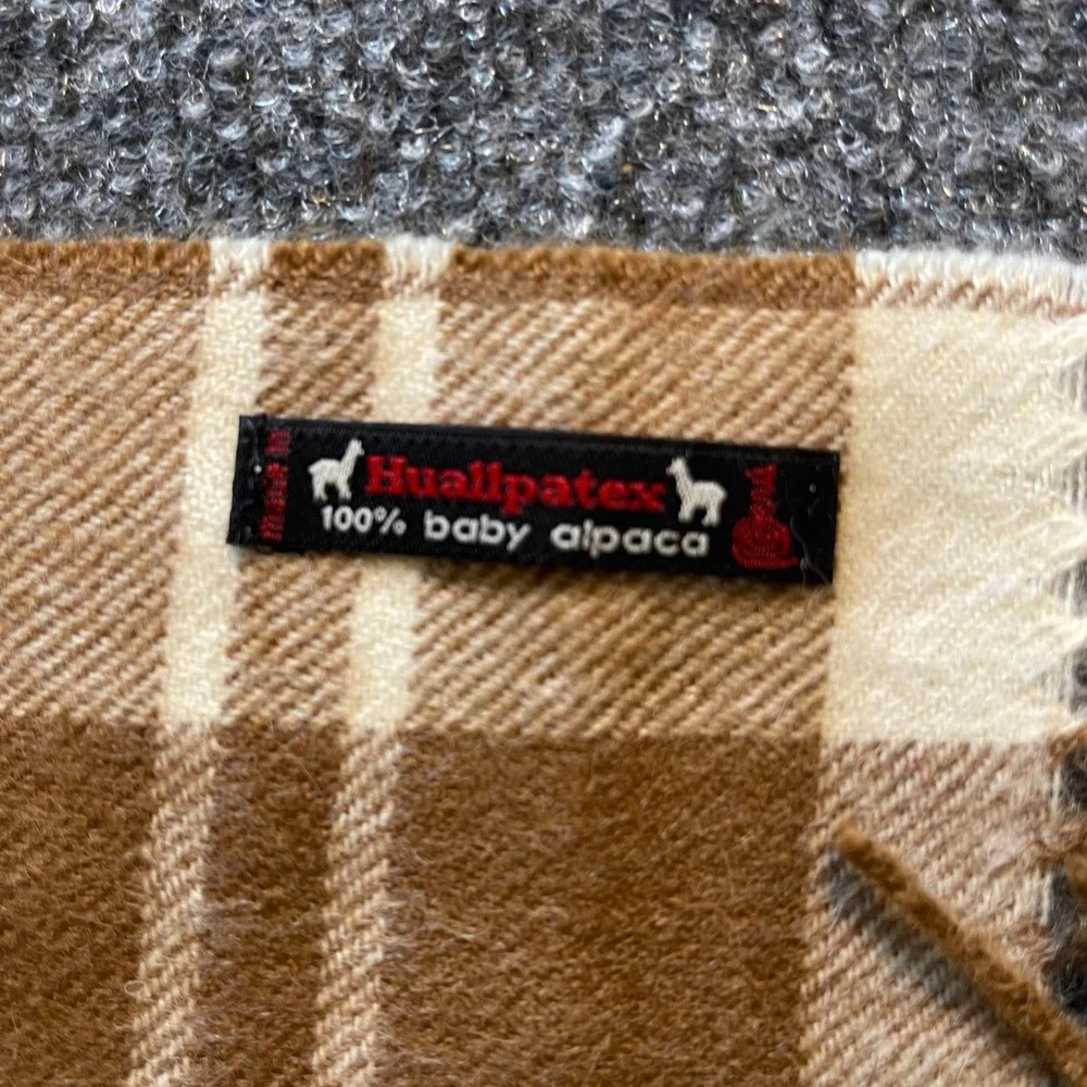 Huallpatex Brown Cream Plaid 100% Baby Alpaca Wool Scarf Fringe Made in Peru Men